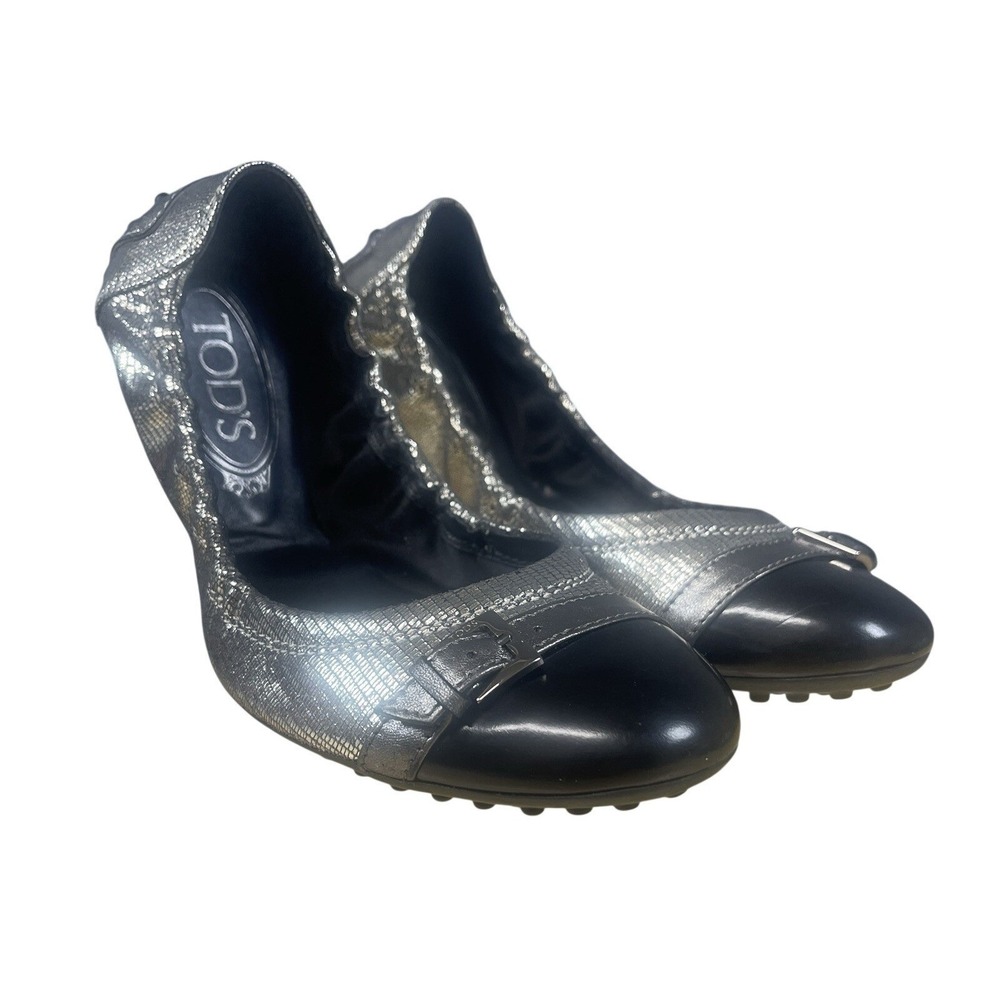 Tod's Metallic Silver Lizard Ballet Flats Gommino Driving Cap‎ Toe 37.5